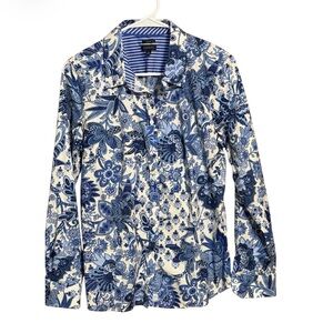 Talbots Blue Floral Button Front Shirt Non-Iron Cotton Sz 12